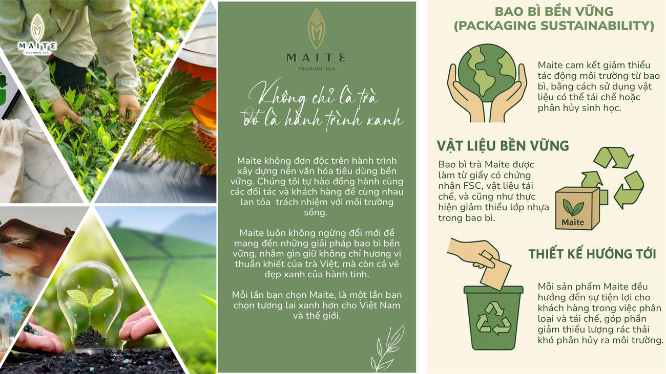 Thiết kế bao bì bền vững của MAITE minh họa rõ nét nỗ lực kết nối thẩm mỹ văn hóa với trách nhiệm giảm thiểu tác động môi trường trong từng sản phẩm.