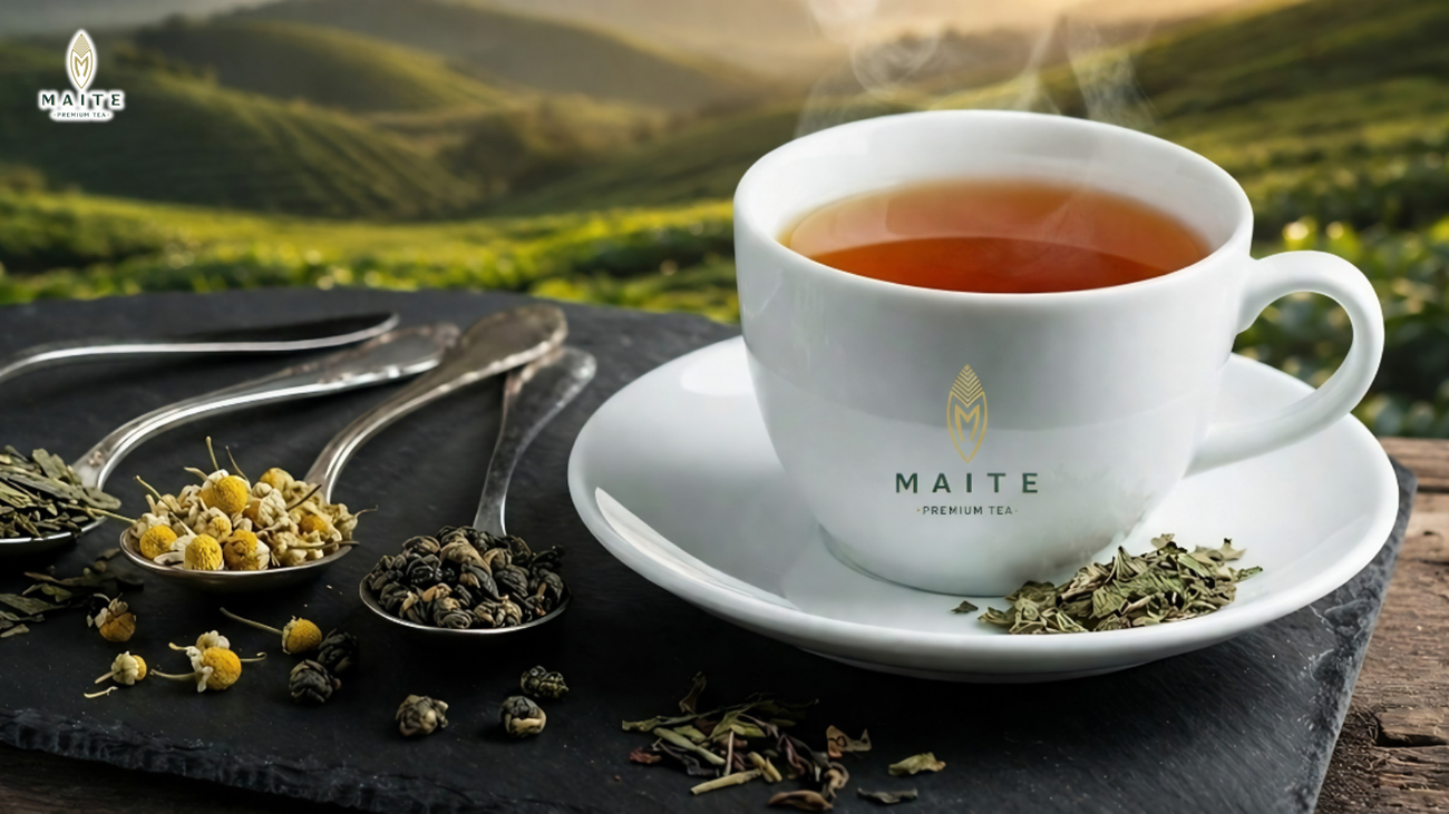 Tách trà MAITE ngát hương bên những búp trà tươi kết nối trọn vẹn hương vị thiên nhiên, vùng đất và tình yêu gửi gắm trong từng trải nghiệm.